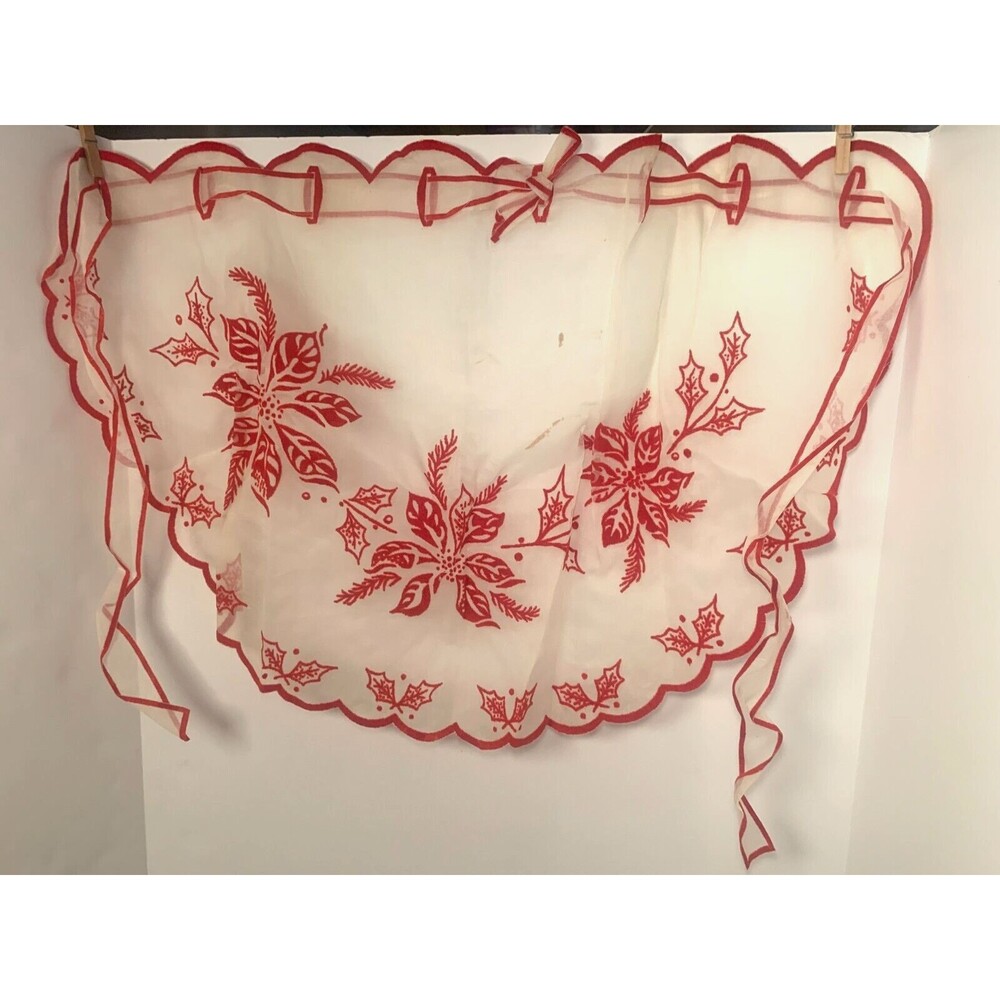 Vintage Christmas Apron Holly Leaves Red White Scalloped Edge Velvet Trim